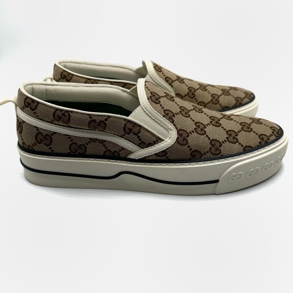 NEW Gucci Beige Tennis 1977 Canvas Monogram Logo Slip On Sneakers Trainers Shoes - Picture 2 of 11